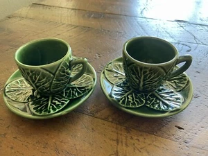2 Bordallo Pinheiro Portugal Cabbage Leaf Green Demitasse Cup & Saucer Vintage - Picture 1 of 15