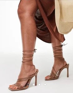 NEW! ASOS Design Nest Strappy Tie Leg Heeled Sandals Beige Faux Leather Size 10 - Picture 1 of 11