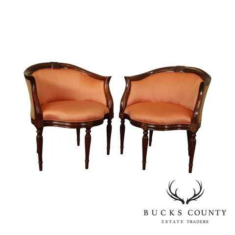 Southwood Mahogany Inlaid William IV Style Pair Barrel Tub Chairs Cover