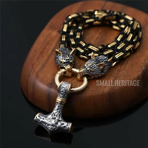 Men Viking Stainless Steel Wolf Necklace Thor Hammer Mjolnir Pendant Gold Black - Picture 1 of 9
