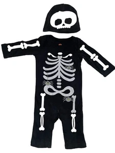 HALLOWEEN - 0-3m Black one piece SKELETON outfit & hat costume romper, sleeper - Picture 1 of 4
