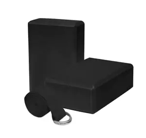 2 Pack EVA Yoga Block High Density TPE Foam Black and Yoga Resistance Strap - Picture 1 of 15
