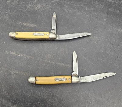 Lote de navajas de bolsillo de dos hojas (2) coloniales EE. UU. 2 3/4 y 1 3/4 mango blanco roto Foto 1 de 4