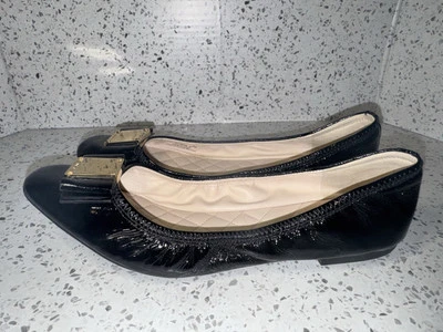 Cole Haan Women’s 8.5 Black Patent Leather Ballet Flats Gold Buckle Bow - Image 1 of 4
