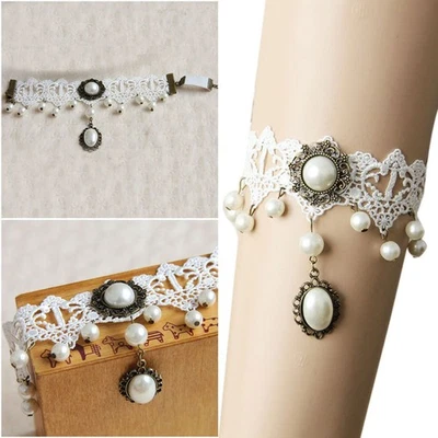  Frauen simuliert White Pearl Lace Armband Ärmelhalter Ärmel Armband Armband - Bild 1 von 4