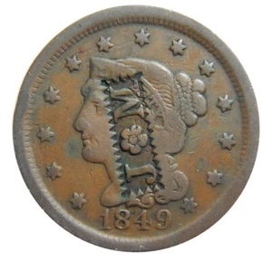 Large cent/penny 1849 fancy border counterstamp J M with flower in center - Picture 1 of 3