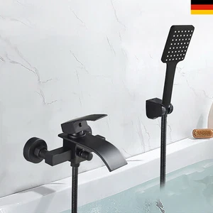 Schwarz Wasserhahn Badewanne Duschset Wasserfall Badewannenarmatur mit Brause - Picture 1 of 11