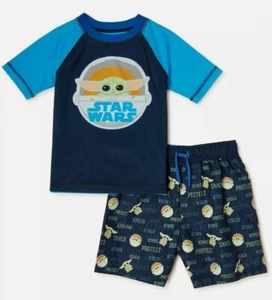 NWT 3T Baby Yoda Swim Trunks Rash Guard Swimsuit Set Star Wars Mandalorian - Picture 1 of 2
