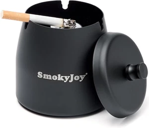 Ashtray with Lid for outside Patio, Windproof Ash Tray, Black Stainless Steel Sm - Picture 1 of 12