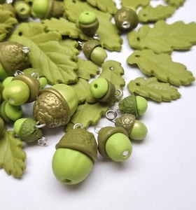 Acorn charms green nut pendants handmade polymer clay jewellery making autumn - Picture 1 of 19
