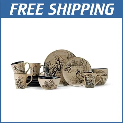 Juego de cena de gres estampado animal para 4, negro y beige Foto 1 de 4