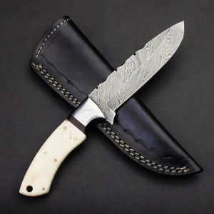 Custom Handmade Damaststahl Jagdmesser mit Knochengriff & Lederscheide - Bild 1 von 6