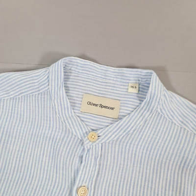 Oliver Spencer Mens Shirt Blue 15.5 Stripped Linen Blend Grandad Neck Button Up - image 1 of 4