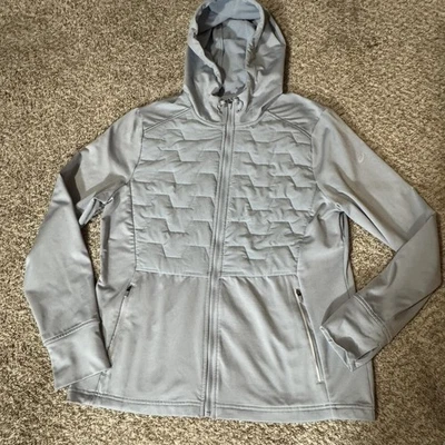 ASICS куртка женщин средний синий с капюшоном полный молнии выстеганная грудь работает отверстия для пальцев - Изображение 1 из 4