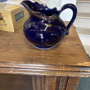 vintage ceramic Antique Cobalt Blue Pitcher Gold Leaf Assents - Picture 1 of 7