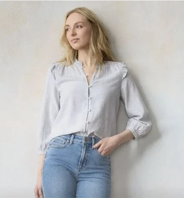 Blusa para mujer LC Lauren Conrad a rayas con botones delanteros con volantes blanca/azul talla S Foto 1 de 4