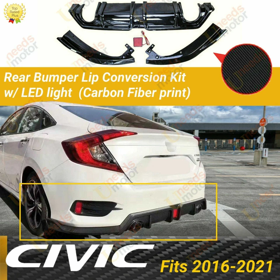 Fits Honda Civic 2016-21 Carbon Fiber Style Rear Lip Diffuser Bodykit LED light - Image 1 of 4