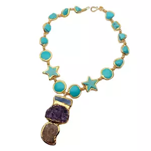 Blue Turquoise Necklace Ammonite Amethyst Kyanite Pendant For Women Necklace - Picture 1 of 6