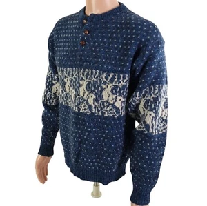 VTG Mens Eddie Bauer Sweater Wool Blend Knit Size L Blue Pullover Button Nordic - Picture 1 of 13