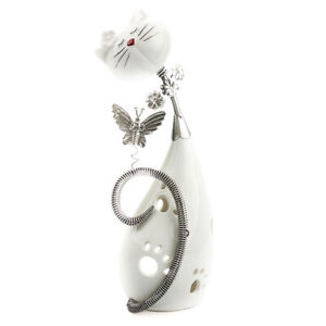 Windlicht Dekofigur Katze mit Schmetterling, Keramik / Metall, Kerzenhalter