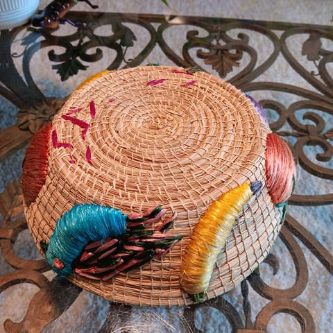 Vintage Woven Straw Basket  With Raised Fruit Embroidered Raffia Cottagecore Cover