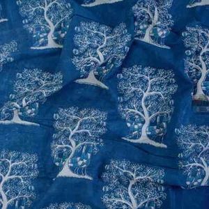 Indigo Blue Tree Motifs Printed Cotton Fabric, summer women dressmaking Fabric - Picture 1 of 4