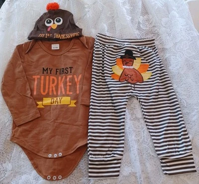 NWOT 12-18M MY 1ST THANKSGIVING/TURKEY DAY 3-PIECE OUTFIT HAT/SNAPSUIT/PANTS - Imagem 1 de 4