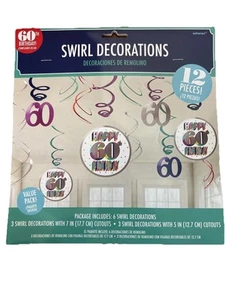 60th Happy Birthday Swirl Party Decor (12) NEW Over The Hill Multi Color Foil - Picture 1 of 2