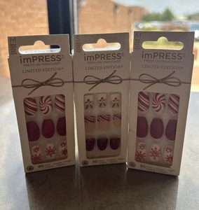 X3 Kiss imPRESS Press-On Nails Tis the Season (2) Oh, Deer No Glue 30ct Each - Picture 1 of 4