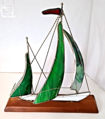 ⛵ Velero Vintage Vitral - Verde y Blanco - Soporte Madera 3D ~12"x12" Foto 1 de 4