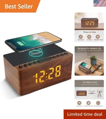 Reloj despertador LED digital de madera con radio FM y cargador inalámbrico Foto 1 de 4