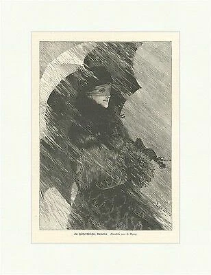 Im spätherbstlichen Unwetter Davis Sturm Regenschirm Mantel Holzstich E 3616 - Bild 1 von 1