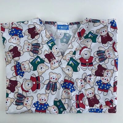 Crest Scrub Top Shirt Uniform Christmas Teddy Bears Print Size L Large Women - Image 1 of 4