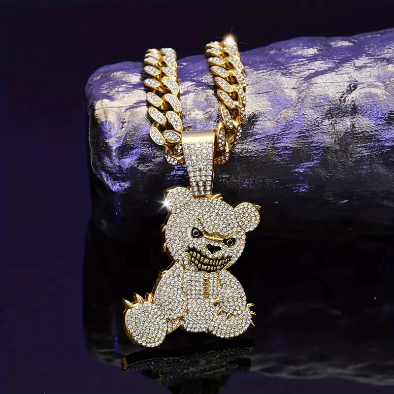 Colgante Muñeca Oso Enojado Helado y Collar Hip Hop Cadena Cubana Circonita Cúbica de 20" Foto 1 de 4