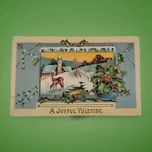 Vintage 1910s A Joyful Yuletide Embossed Christmas Postcard Blue Bells Holly - Bild 1 von 2