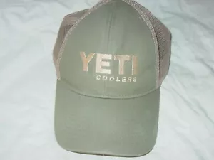 YETI COOLERS EMBROIDERED SNAPBACK MESH TRUCKER BASEBALL GREEN TAN HAT CAP SPORT - Picture 1 of 4