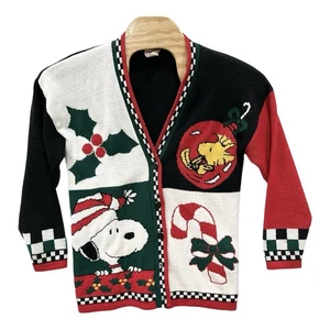 VTG Snoopy & Friends Christmas Cardigan Sweater M Made In The USA Acrylic Black - Picture 1 of 6