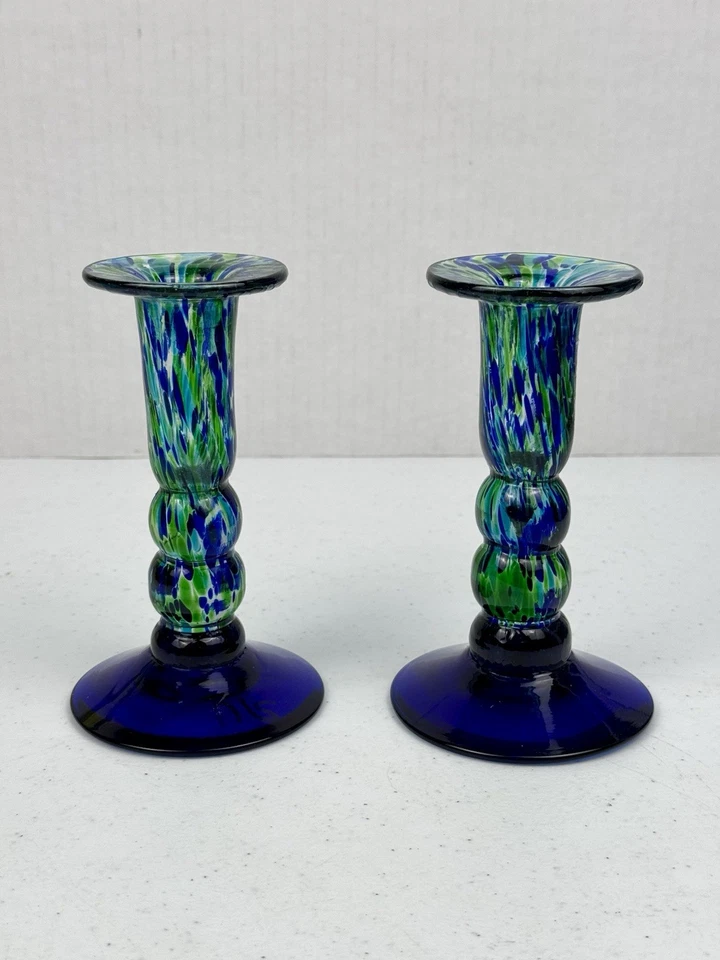 Juego de 2 soportes para candelabros de vidrio soplado a mano verde cobalto azul remolino vidrio artístico Foto 1 de 4