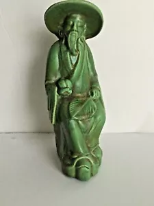 "De Colección Cerámica Oriental Asiática Verde Sabio Viejo Barbudo Hombre Sombrero Estatua Estatuilla 8 3/4" - Imagen 1 de 9