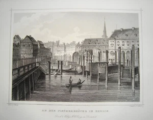 Berlin Fischerbrücke Spree echter alter Stahlstich 1844 - Foto 1 di 1