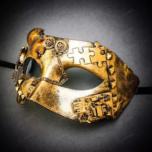 Roman Steampunk Phantom Gear Face & Eye Masquerade Halloween Mask Metallic Gold - Picture 1 of 4