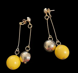 Vintage 80er Jahre gelb & goldfarbene runde lange Ohrring vorne & hinten 2 Stück - Bild 1 von 5