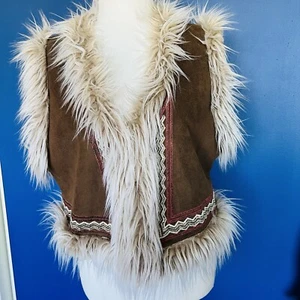 RARE Tree Of Life Afghan Faux Suede Fur Lined Brown Crop Vest Sz L Boho Festival - Picture 1 of 8