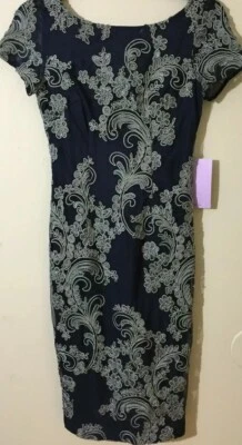 J S COLLECTIONS SOUTACHE FLOWERS MESH SHEATH DRESS NAVY BLUE/GREY SZ 4 New - Image 1 of 4