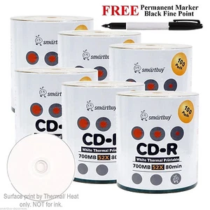 600 Smartbuy 52X CD-R 700 MB blanco imprimible térmico + marcador permanente negro - Imagen 1 de 4