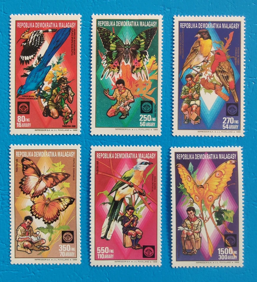 MADAGASCAR 1988 SCOUTS BIRDS BUTTERFLIES 6v - bird stamps MNH - Image 1 of 1