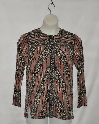 Blusa Bob Mackie Estampada Encaje Rayas Jersey Botón Frontal Talla S Canela Foto 1 de 2