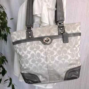 COACH Hampton Signature Silver Jacquard snap satchel purse small tote - Picture 1 of 15