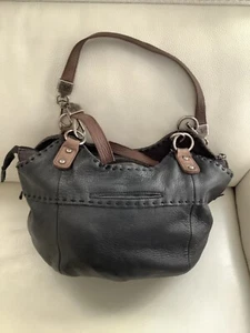 THE SAK 16" Solid Black Leather Bag Vintage Brown Strap Handbag Purse + Pockets - Picture 1 of 20