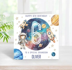 6th Birthday Card Space Astronaut Planets, Personalised Blue Boy Age 6 (C195) - Picture 1 of 2